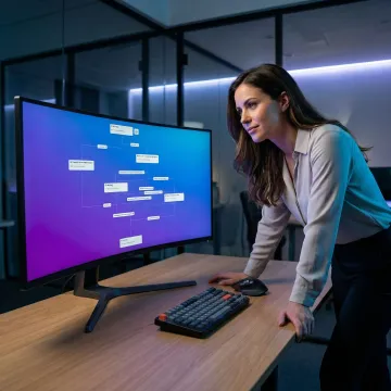 Developer configuring an open source AI voice agent workflow on a laptop with a multi-step process diagram