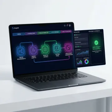 Step-by-step AI agent deployment process shown on a modern software dashboard with workflow diagrams