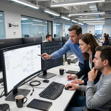 Team reviewing AI voice automation workflows