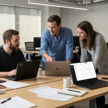 Team reviewing branded voice AI platform