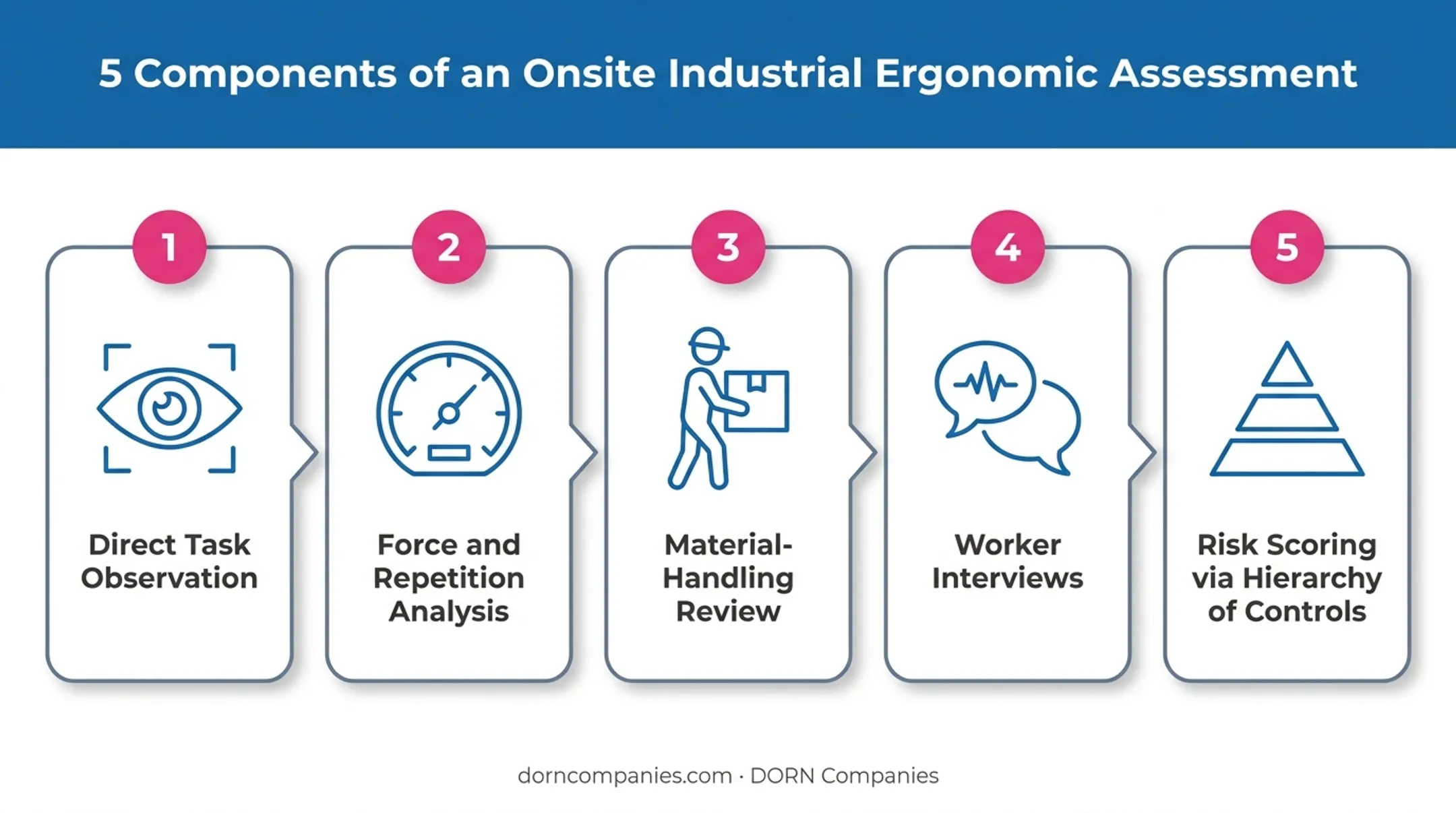 5-step onsite industrial ergonomic assessment process from observation to risk scoring