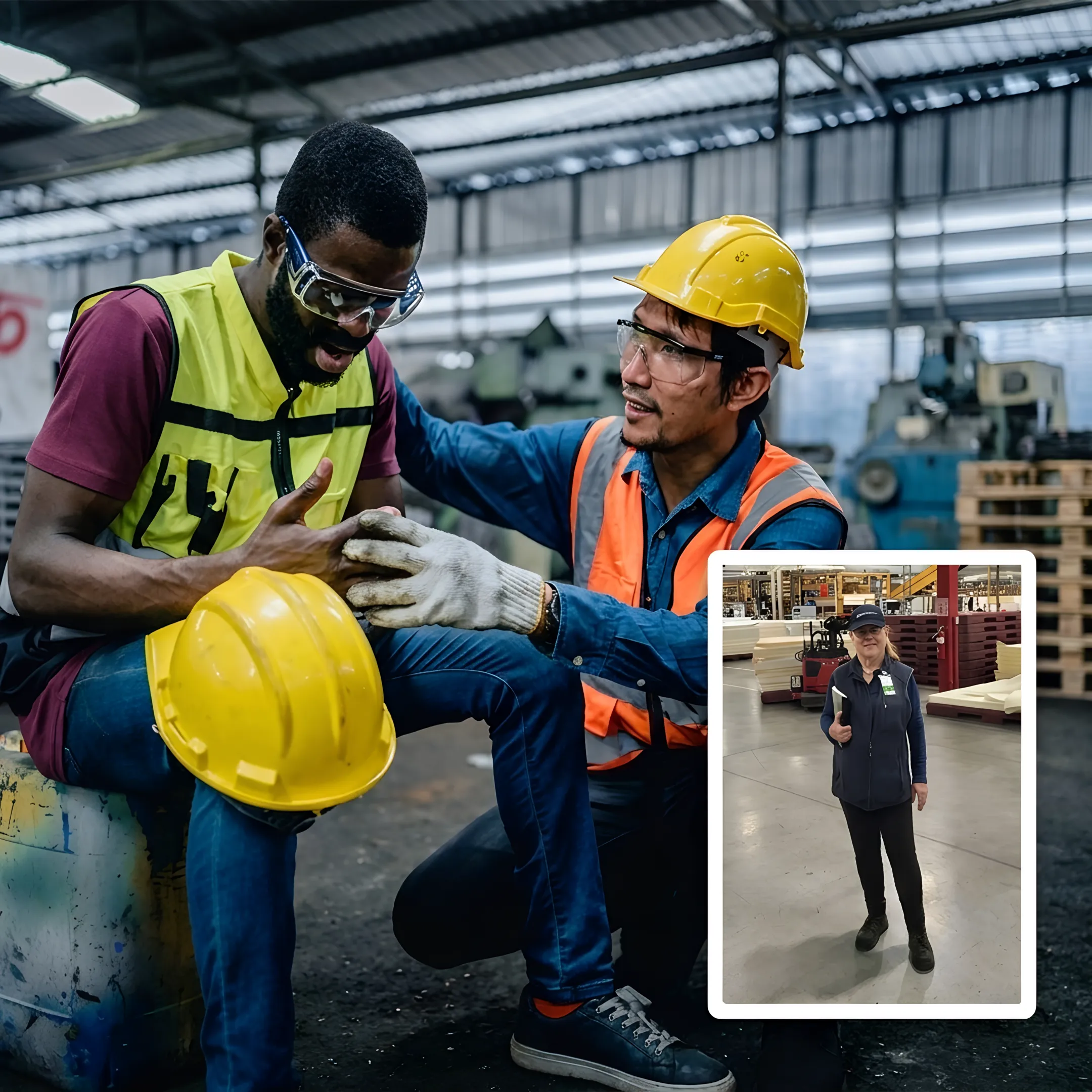Certified ergonomic specialist demonstrating safe lifting mechanics to an employee.