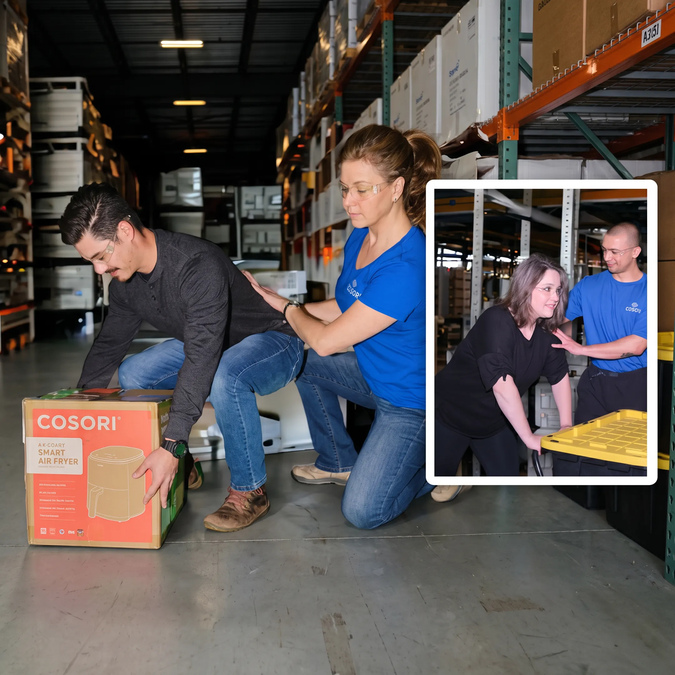 Ergonomics specialist providing biomechanics and workstation training to an industrial worker.