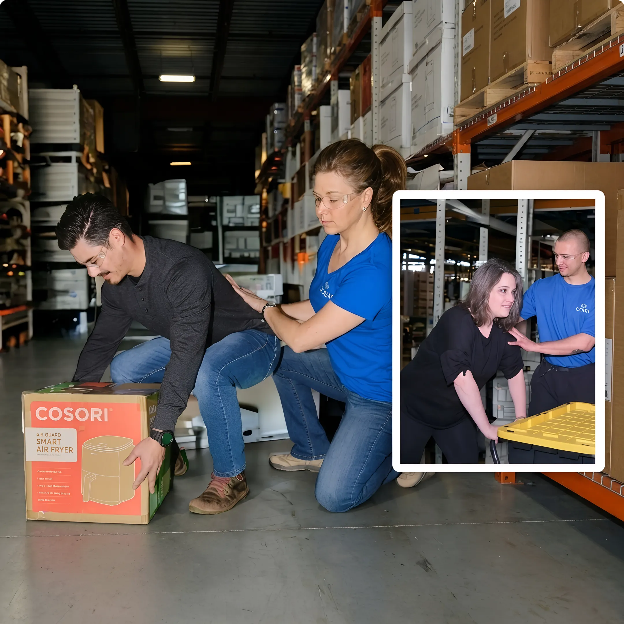 Ergonomics specialist providing hands-on coaching to an employee on a manufacturing floor