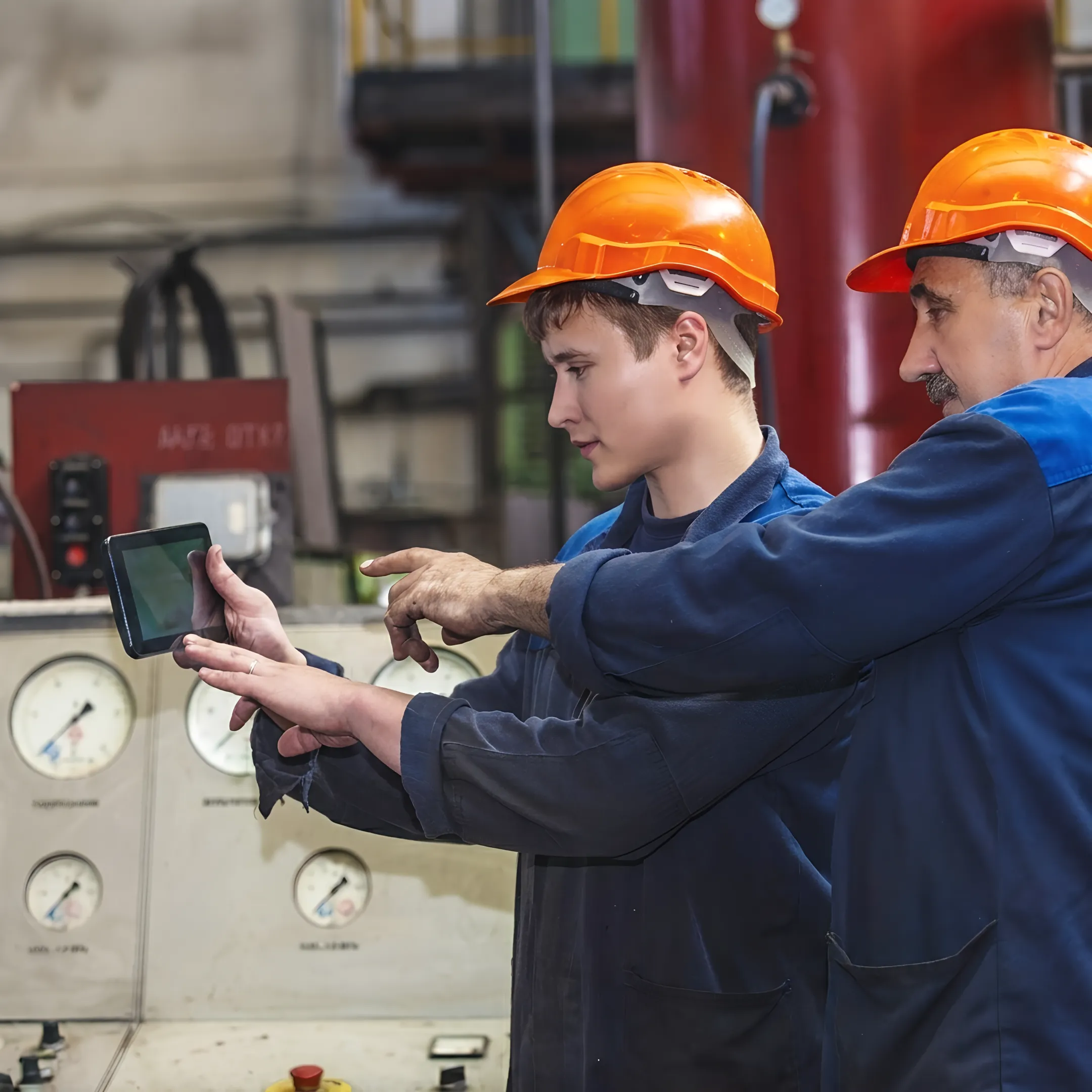 Safety evaluator reviewing assessment data with a facility manager
