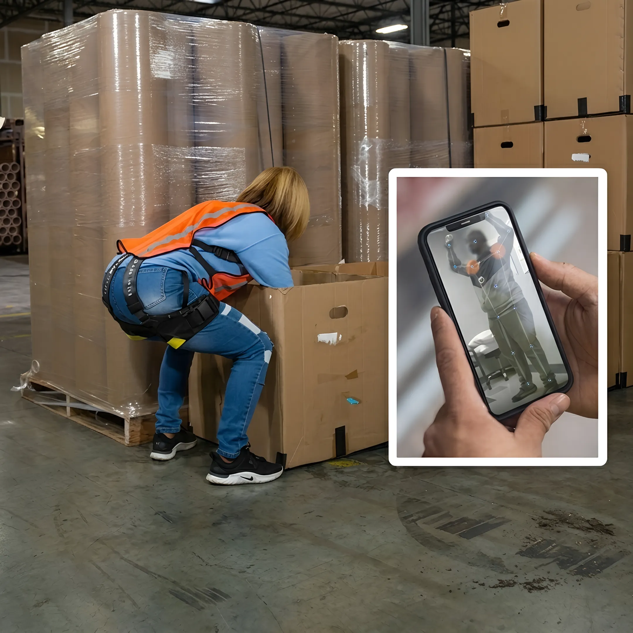 Workplace safety specialist reviewing posture and biomechanics data on a tablet with an employee