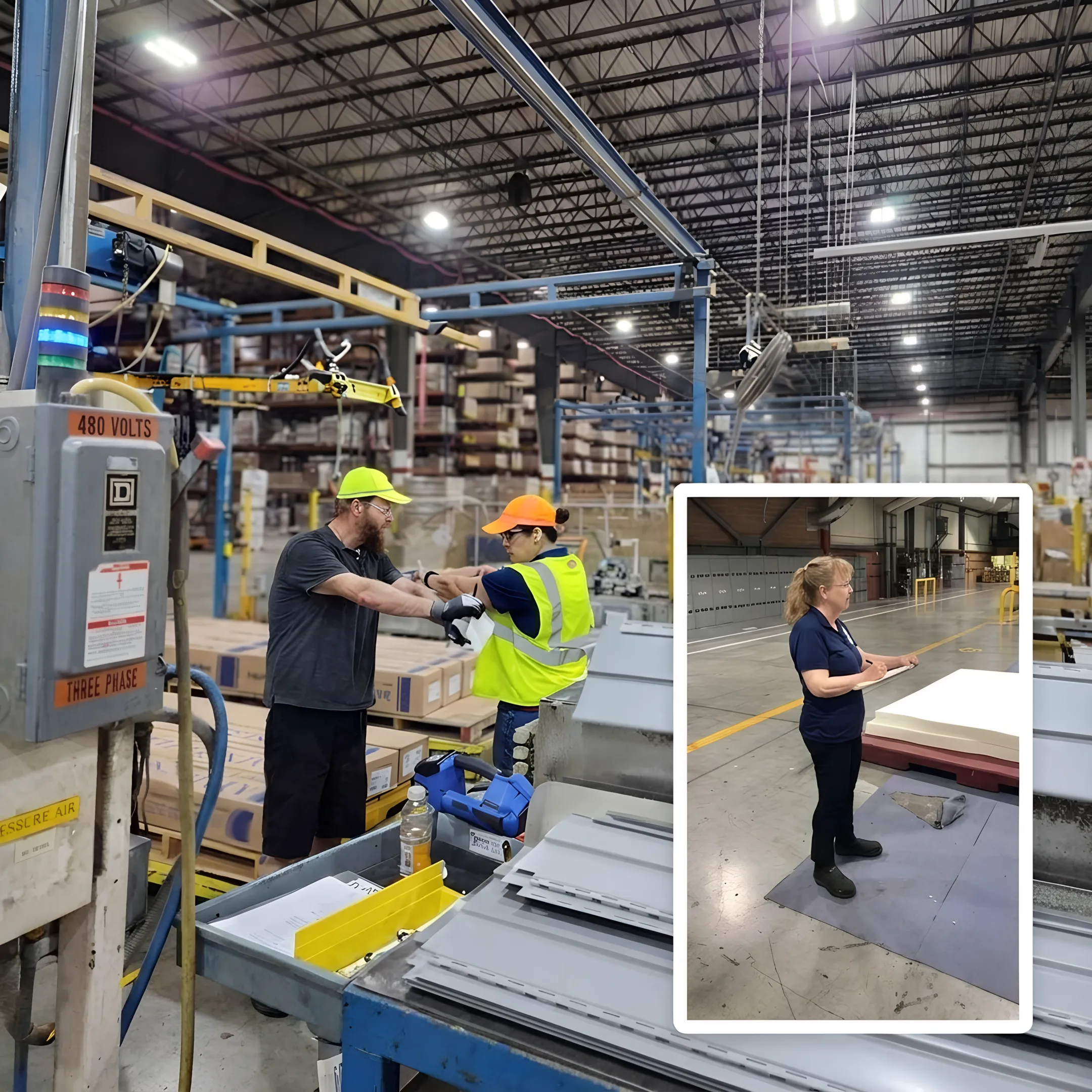 Safety specialist evaluating worker posture at an industrial assembly line