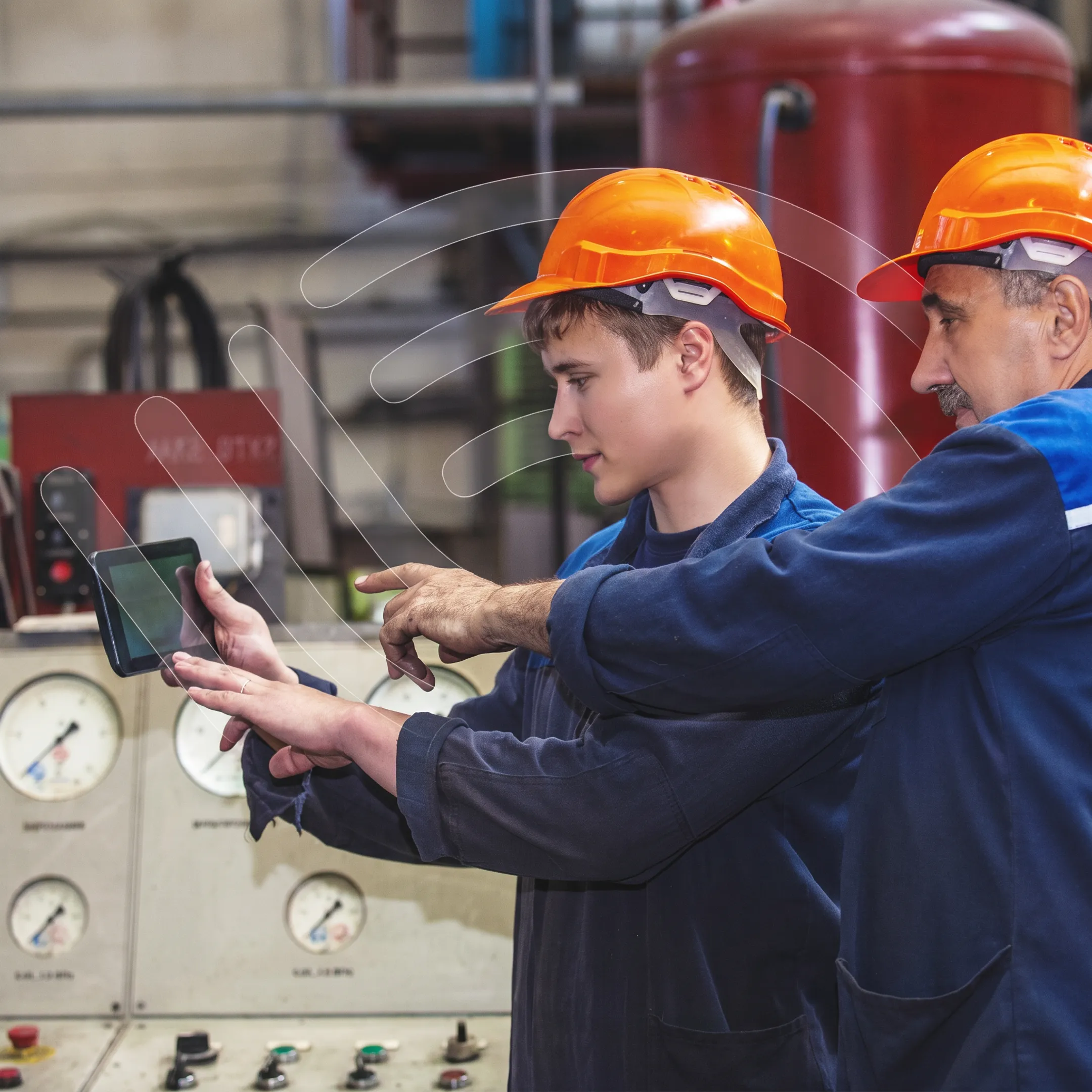 Ergonomic specialist evaluating industrial worker posture on a manufacturing assembly line
