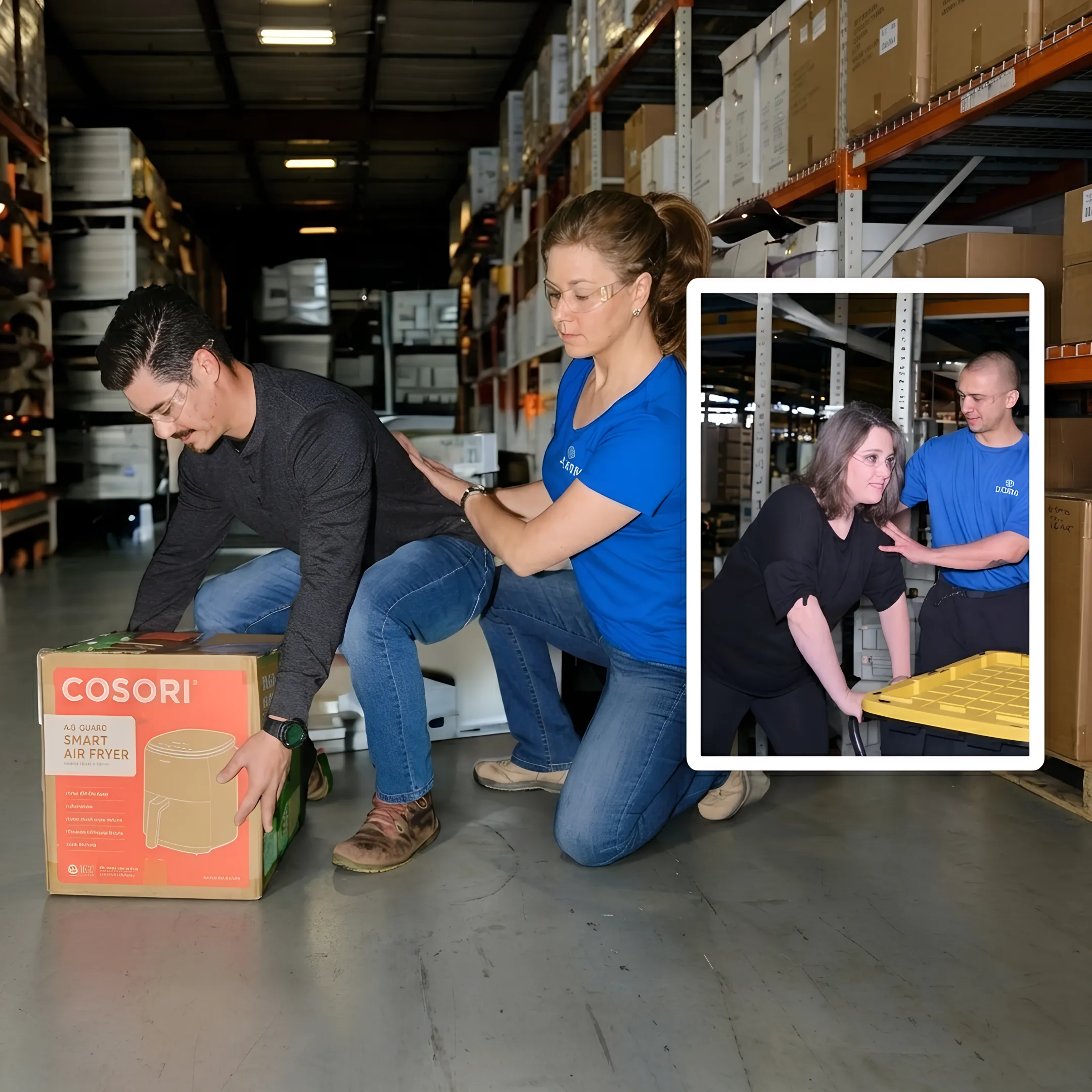 Safety trainer guiding an employee on correct lifting techniques at a workstation