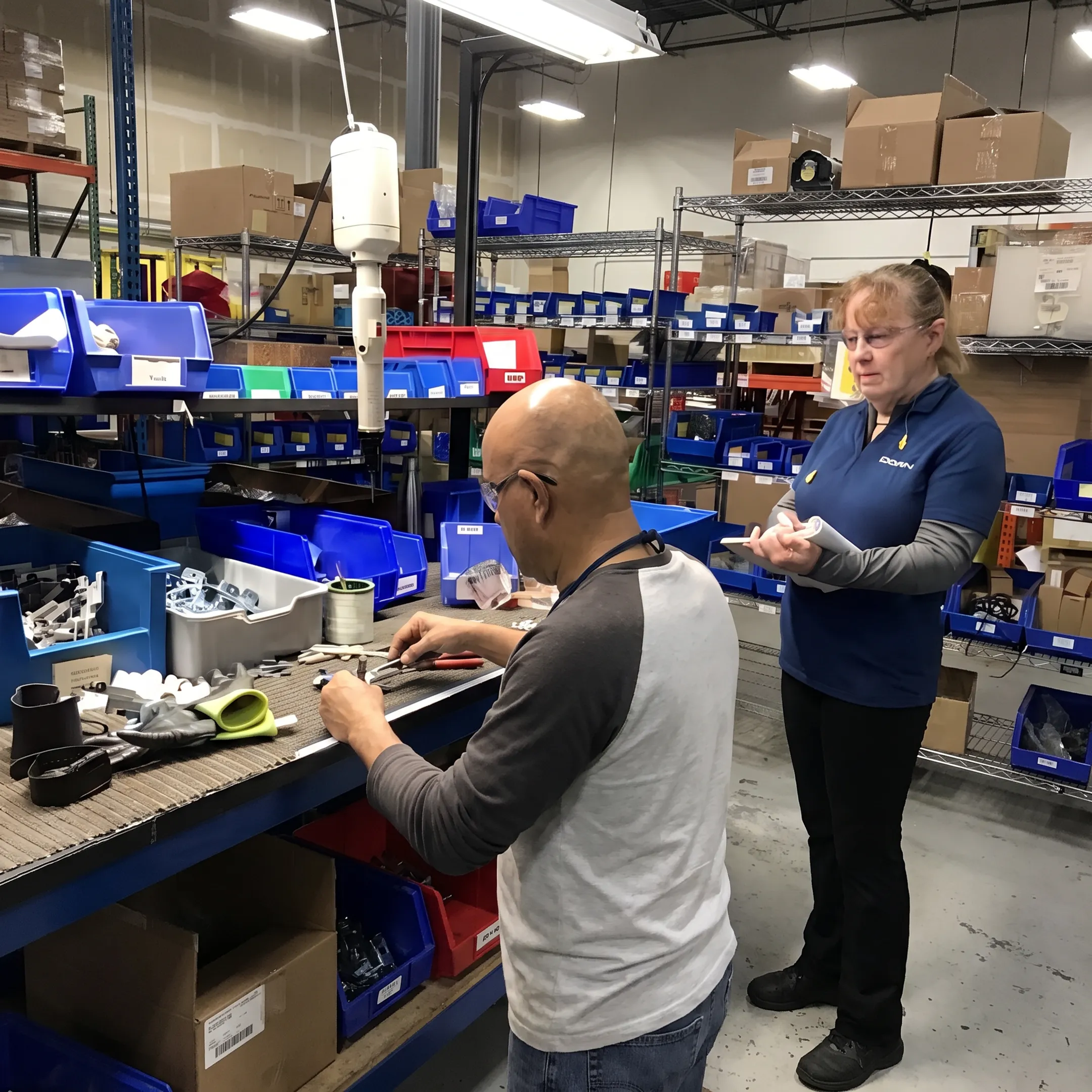 Ergonomist analyzing physical workflow of an industrial assembly line worker