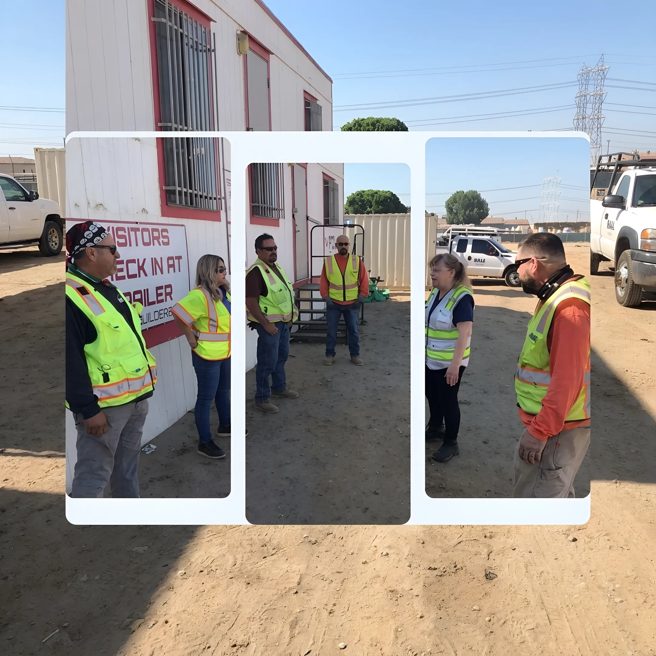 Construction workers receiving on-site ergonomic safety coaching on a building site