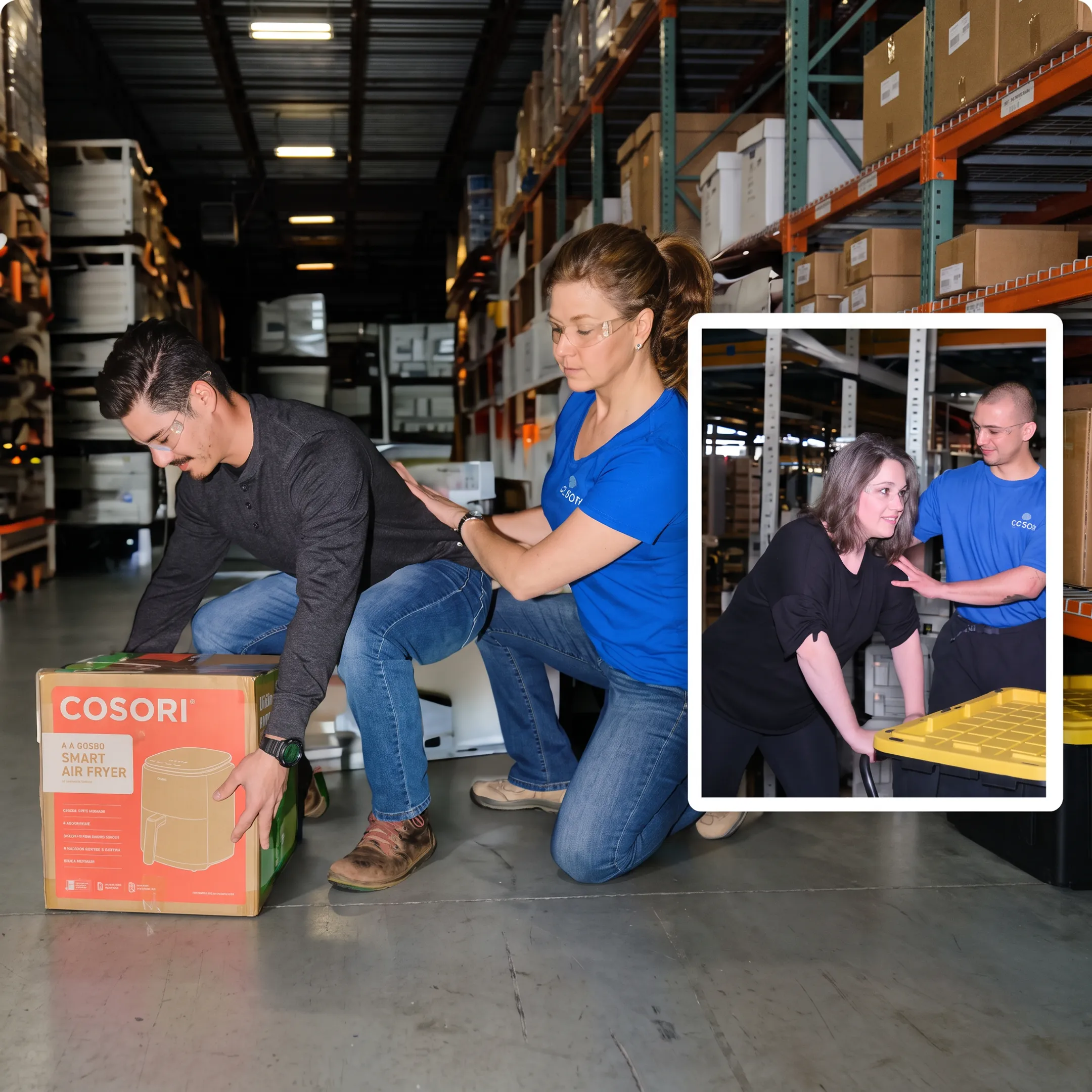 Workplace ergonomics specialist providing on-site coaching to an industrial worker