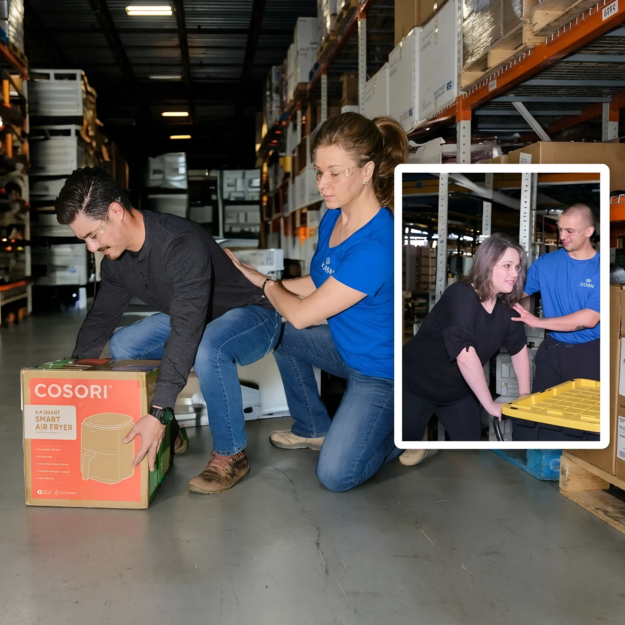 Ergonomics specialist demonstrating safe lifting techniques to an employee