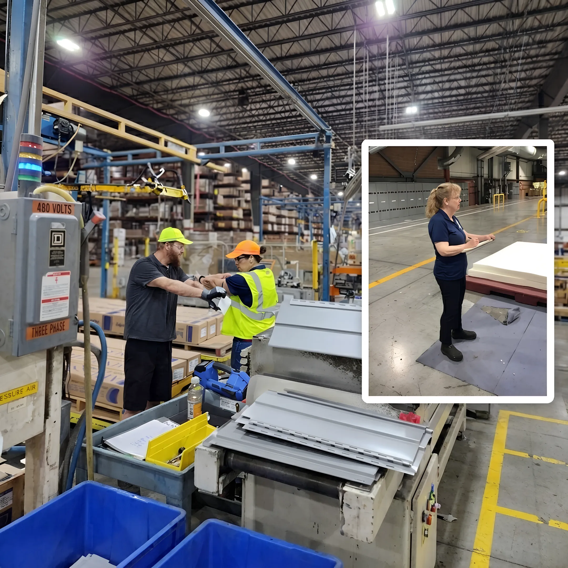 On-site safety specialist observing workers on an industrial manufacturing floor