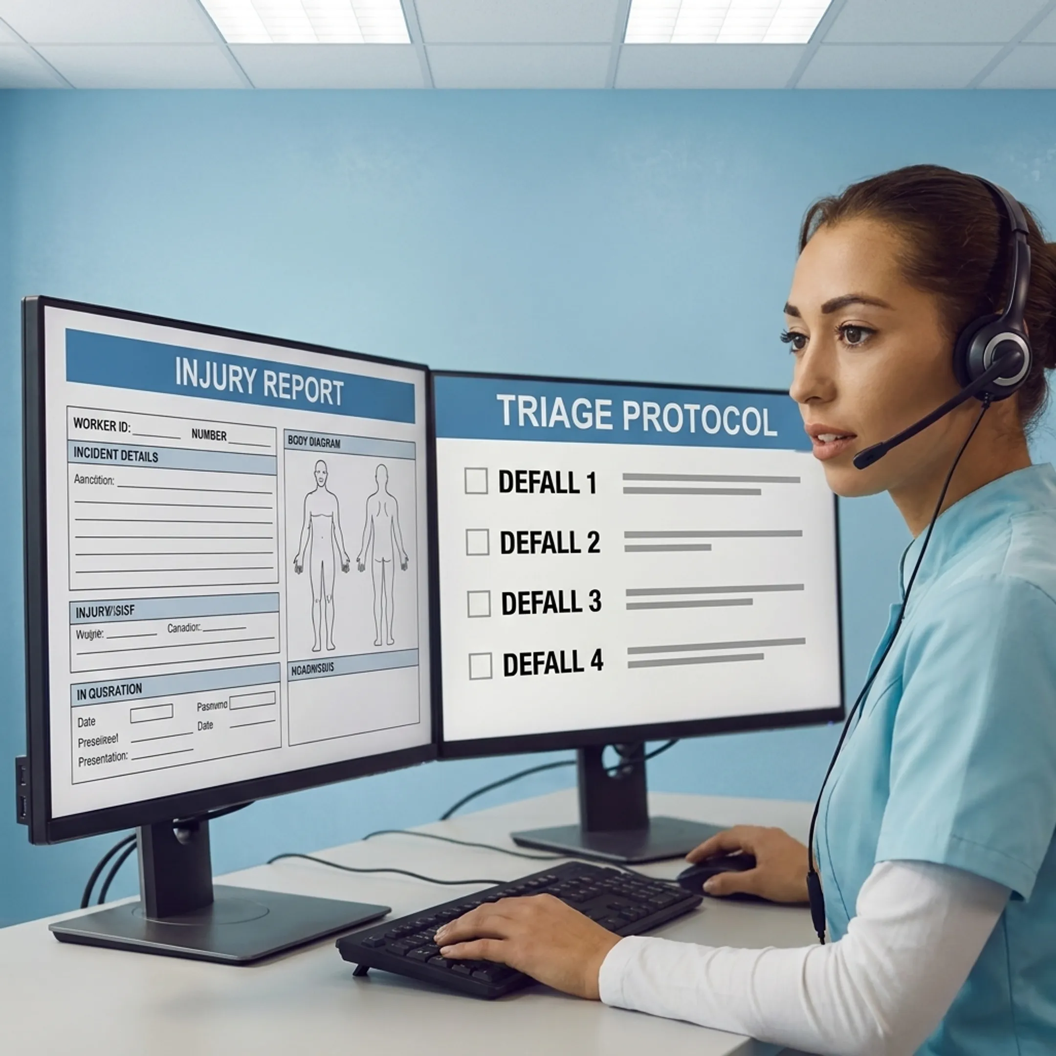 Occupational triage nurse reviewing an incident on a headset and monitor