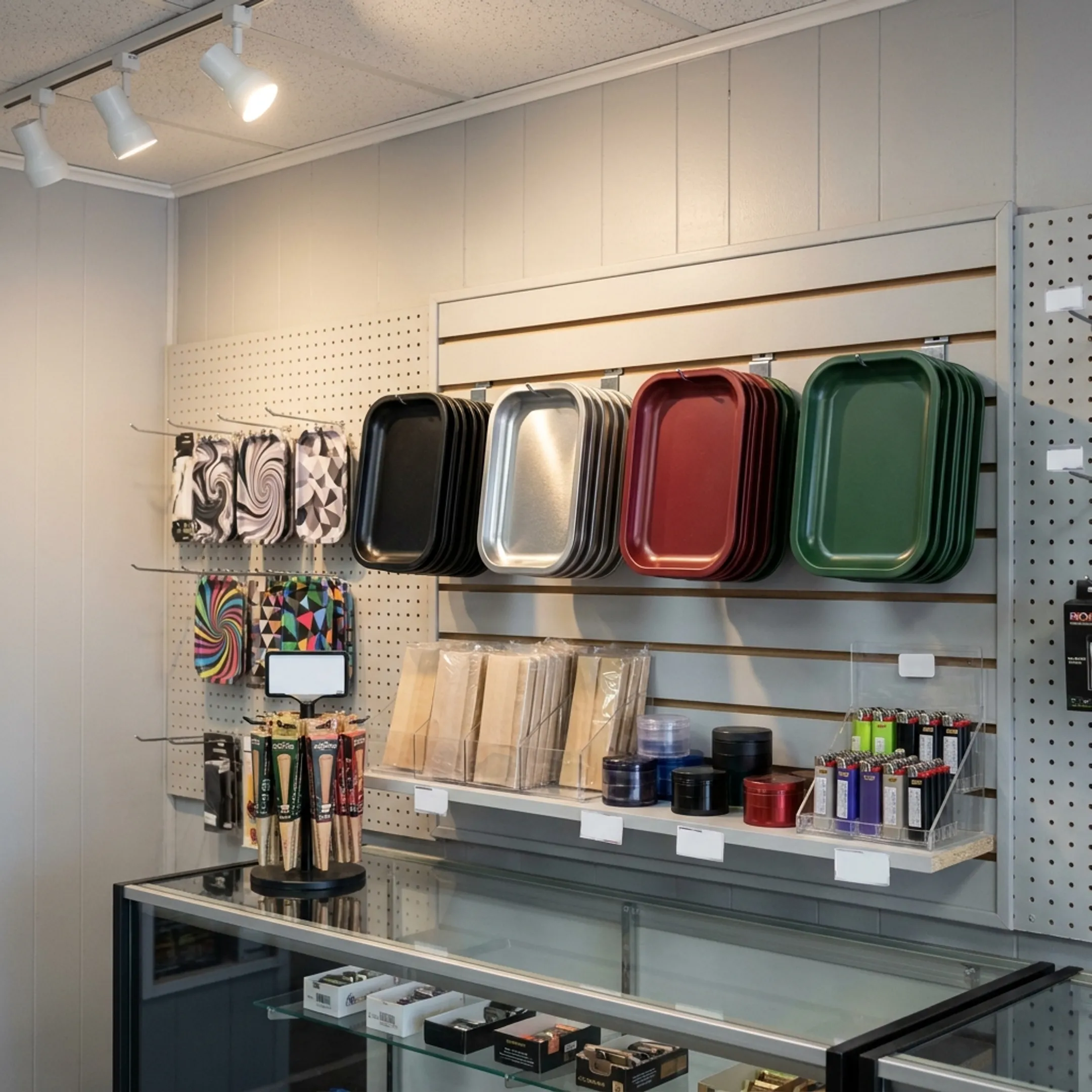 Dispensary displaying RAW Classic Mini Rolling Trays