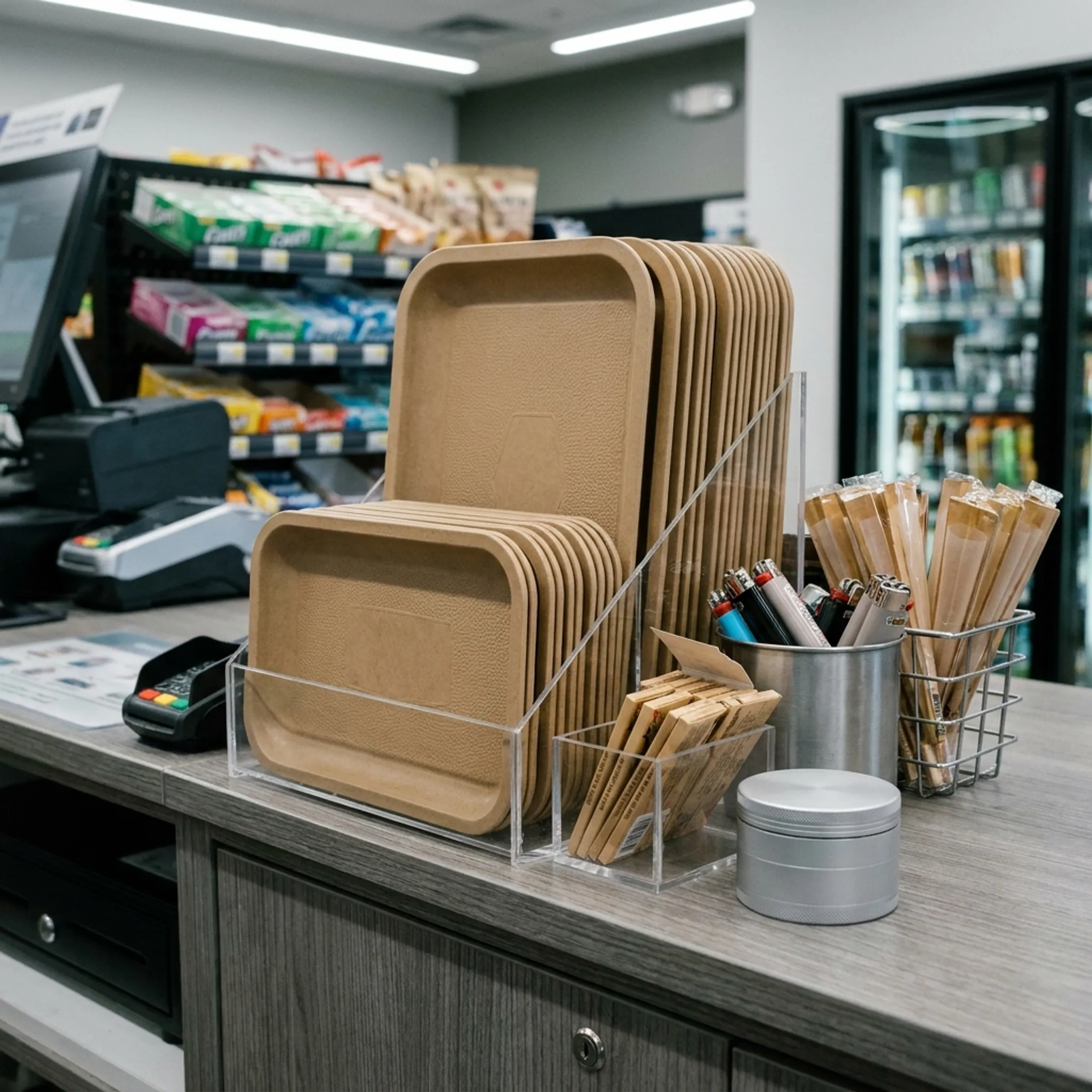Convenience store displaying RAW Classic Mini Rolling Trays