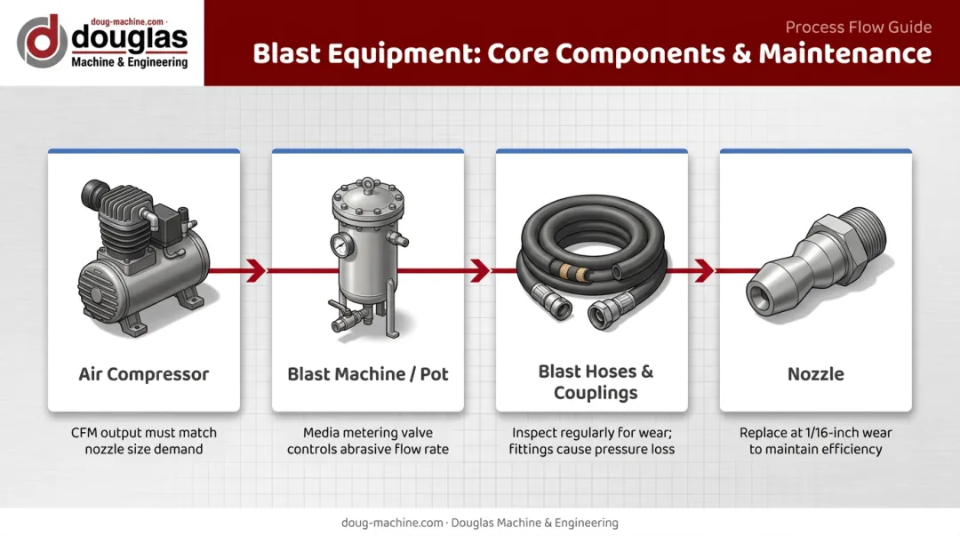 Four core abrasive blasting equipment components process flow diagram