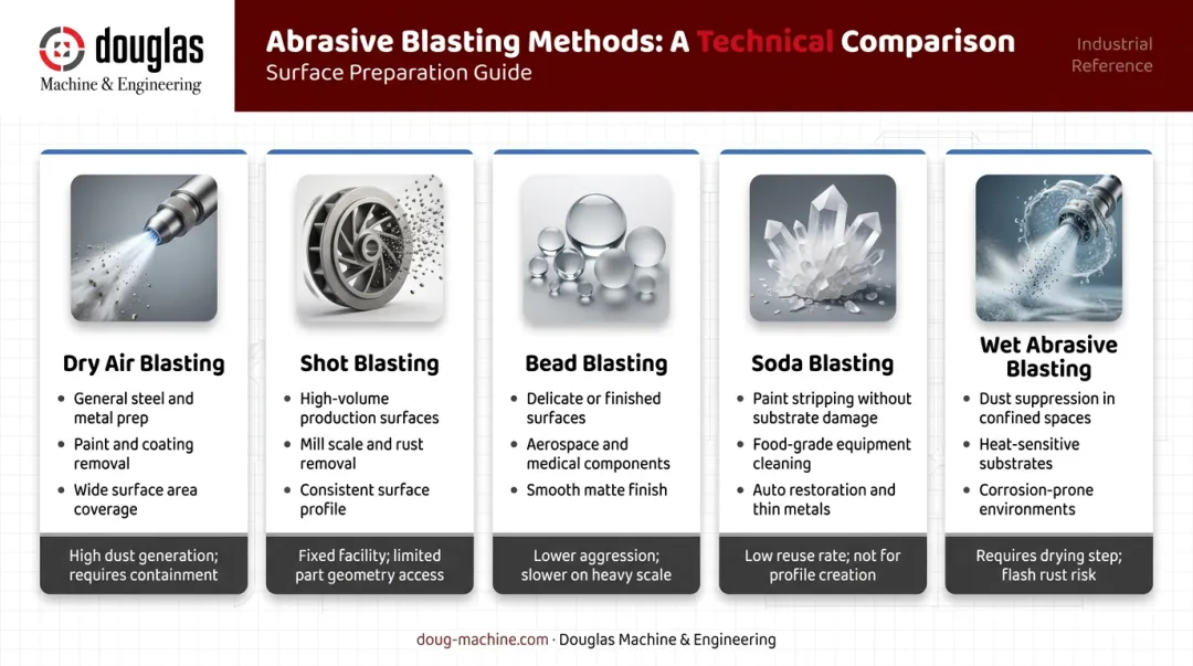 Five abrasive blasting methods comparison infographic with applications and use cases