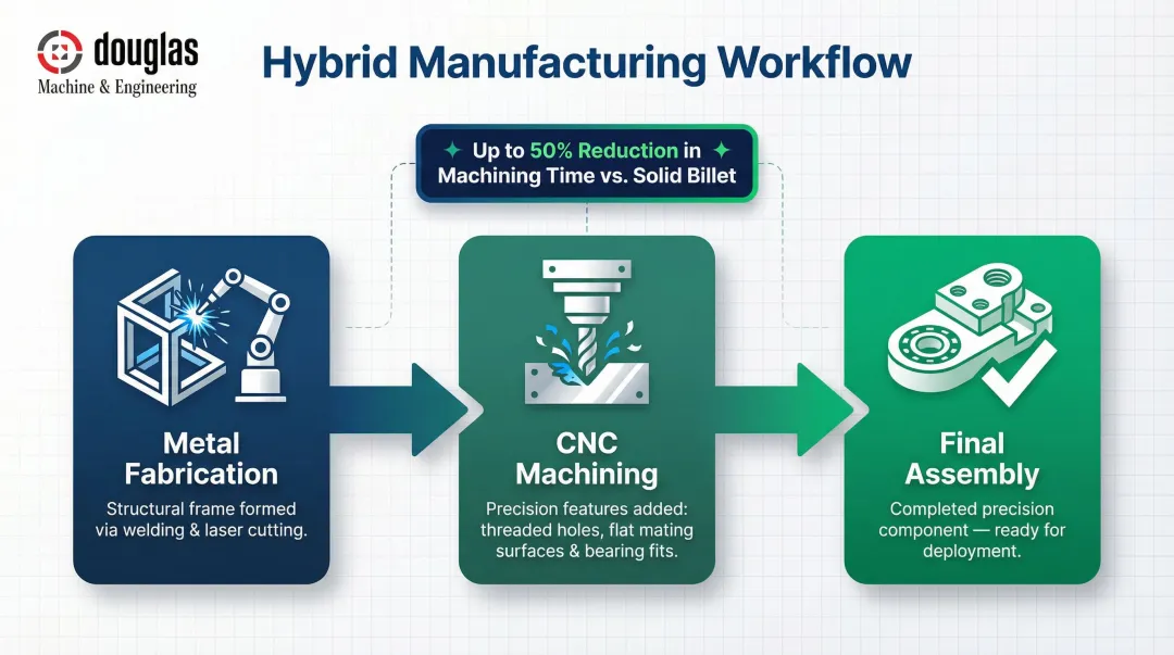 Hybrid machining and fabrication workflow showing fabrication then precision CNC refinement stages