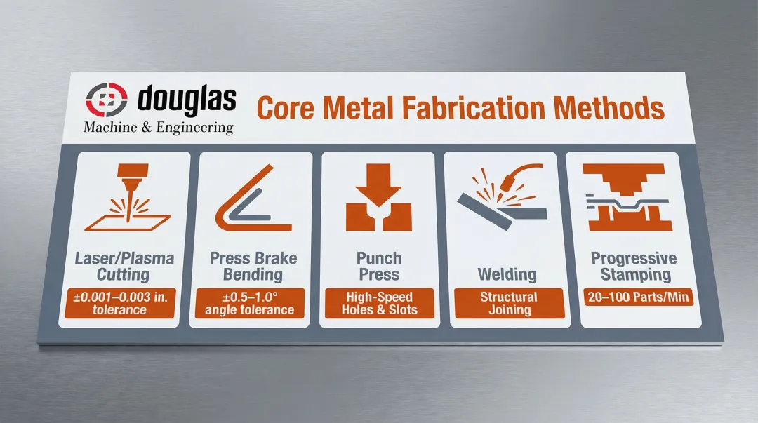 Five core metal fabrication techniques process overview with icons and key specs