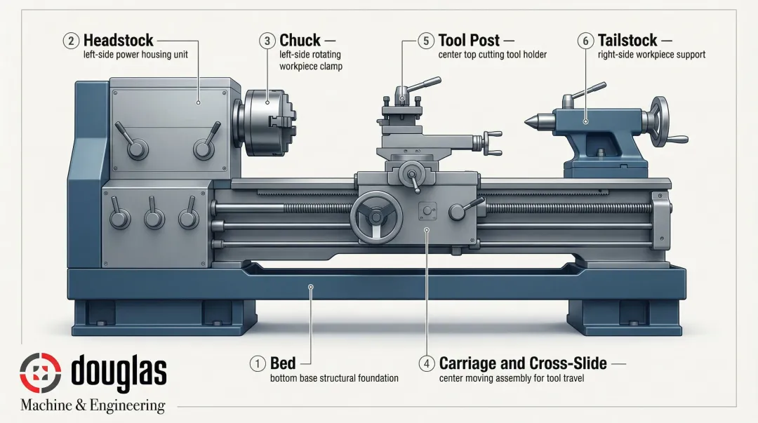 Six key lathe machine parts labeled diagram from bed to tailstock