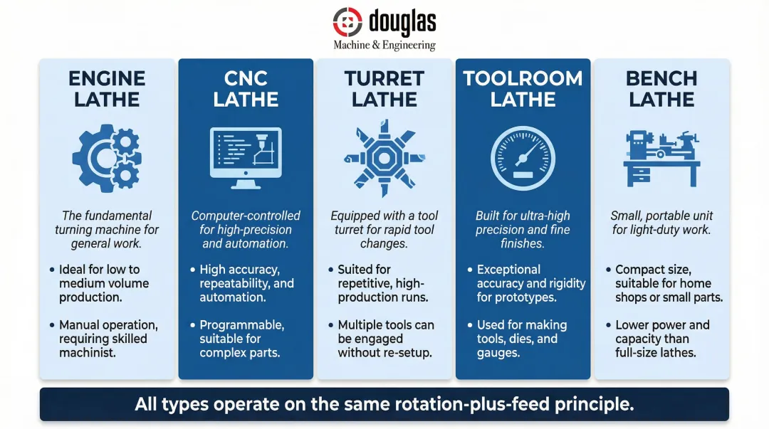 Five main lathe machine types comparison from engine to bench lathe