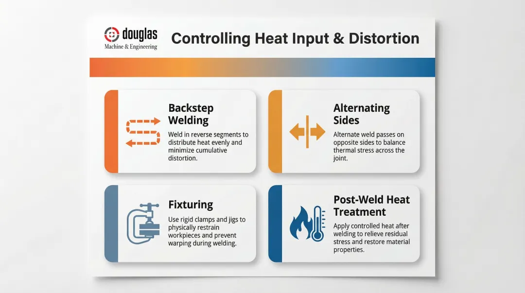 Four heat distortion mitigation techniques in welding backstep alternating fixturing post-weld treatment