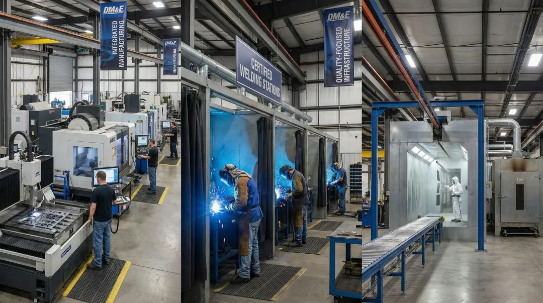 DM&E fabrication facility showing CNC machining welding and powder coating in-house capabilities
