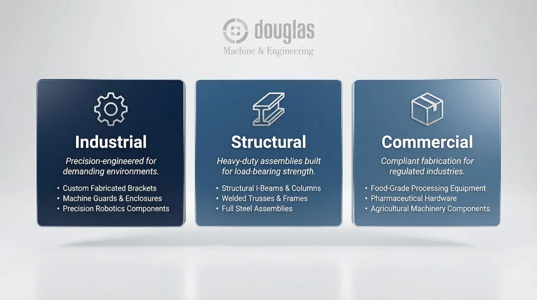 Three metal fabrication categories industrial structural and commercial with examples