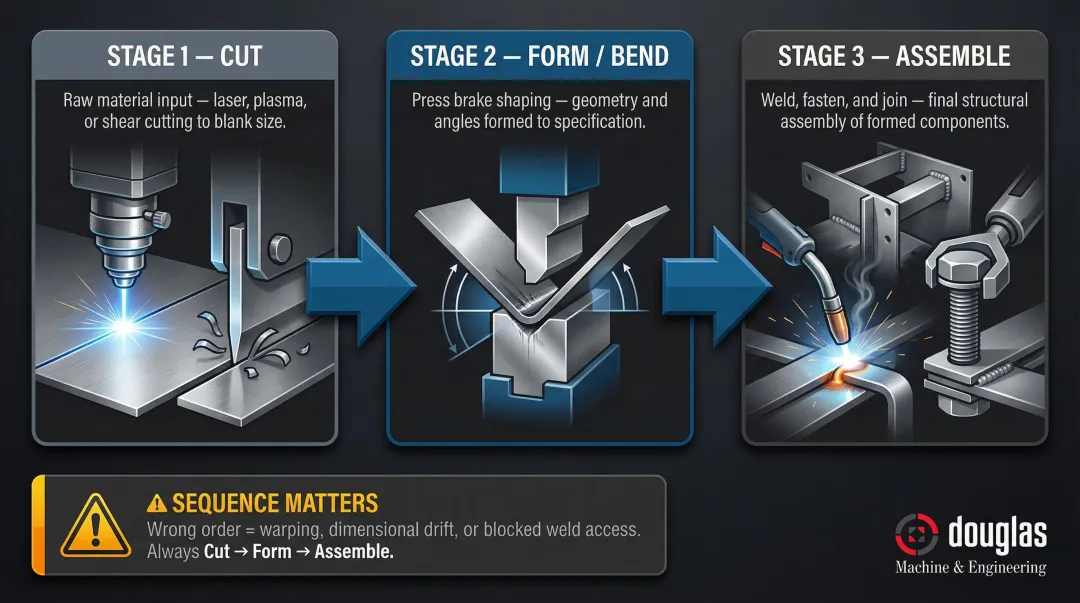 Metal fabrication sequence three-step process cut form assemble weld flow diagram