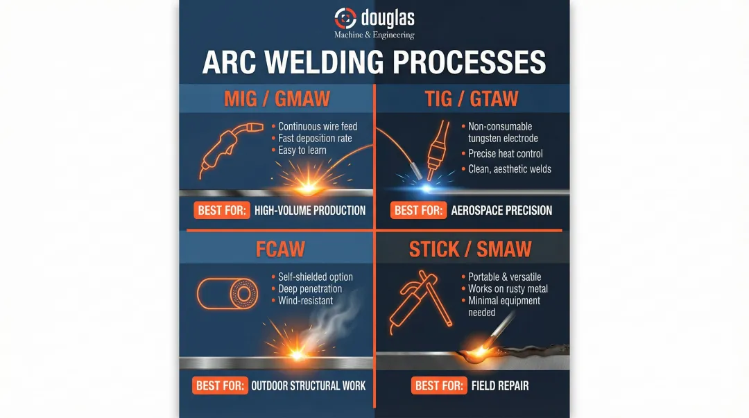 Four common welding processes MIG TIG flux-cored and stick comparison infographic