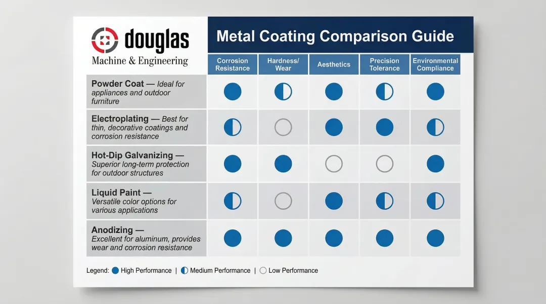 Five metal coating types performance comparison chart covering key application properties