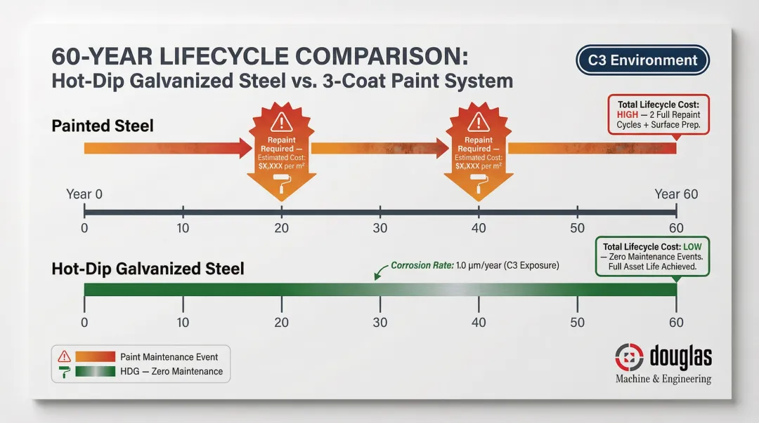60-year lifecycle cost comparison hot-dip galvanized steel versus three-coat painted steel