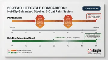 60-year lifecycle cost comparison hot-dip galvanized steel versus three-coat painted steel