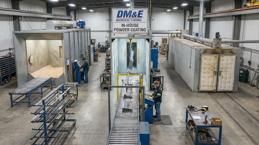 DM&E in-house powder coating facility with blasting booth and curing oven