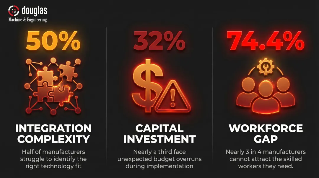 Three primary CIM implementation challenges with workforce and budget statistics breakdown