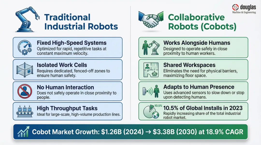 Traditional industrial robots versus collaborative cobots key differences comparison infographic
