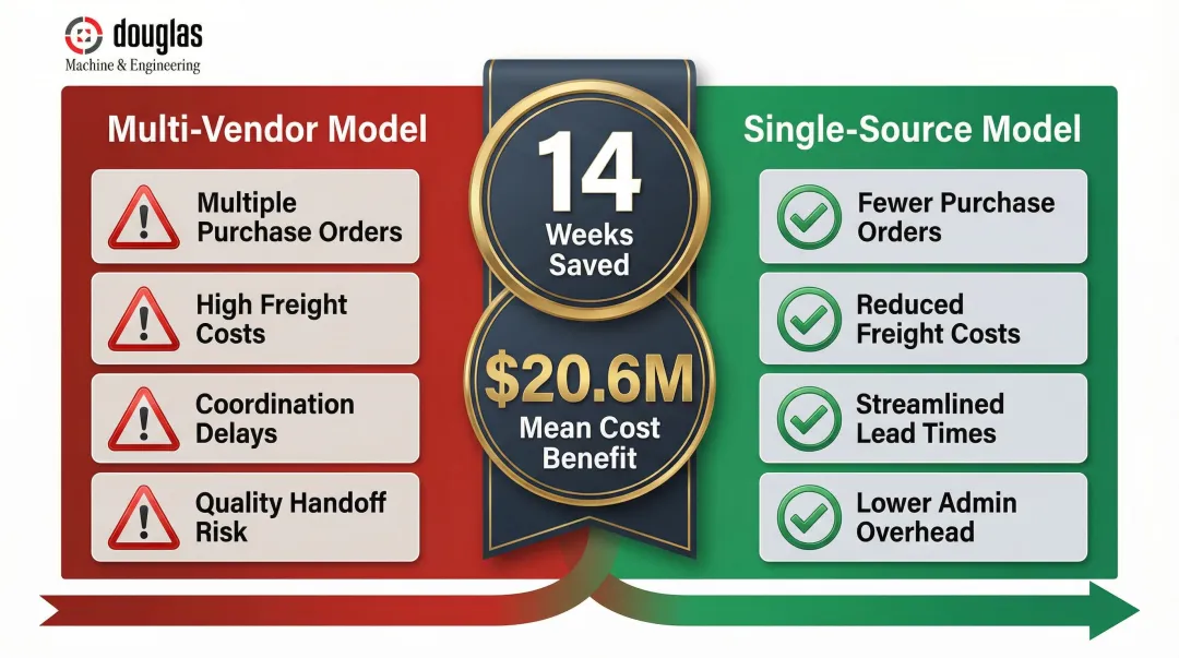 Single-source metal fabrication cost and time savings benefits comparison infographic