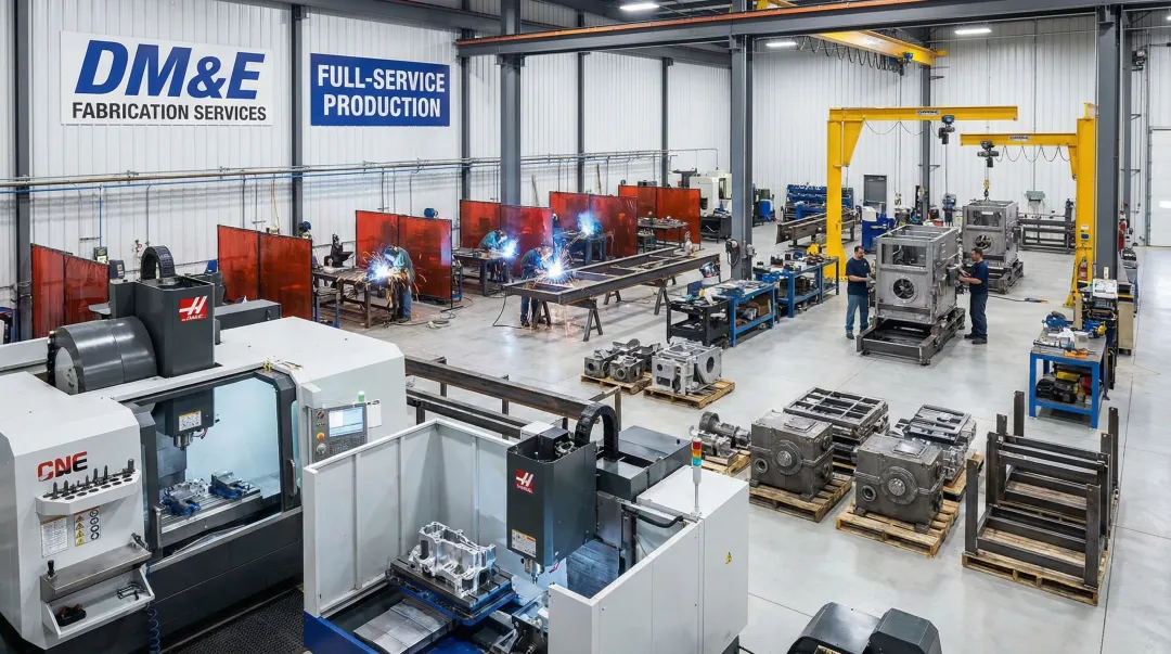 DM&E metal fabrication facility showing CNC machining welding and assembly operations