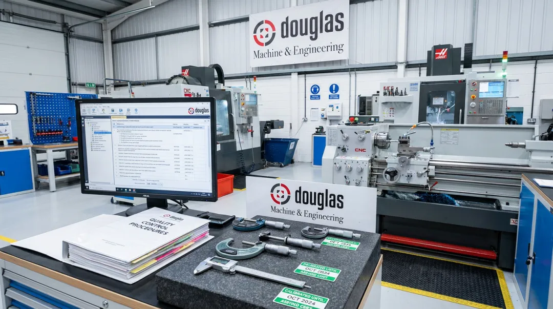 Aerospace machine shop production floor showing operator work instructions and calibrated gauging