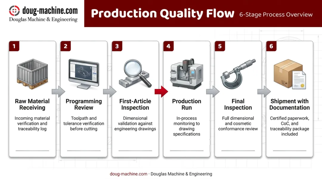 6-step aerospace part production process flow from raw material to shipment