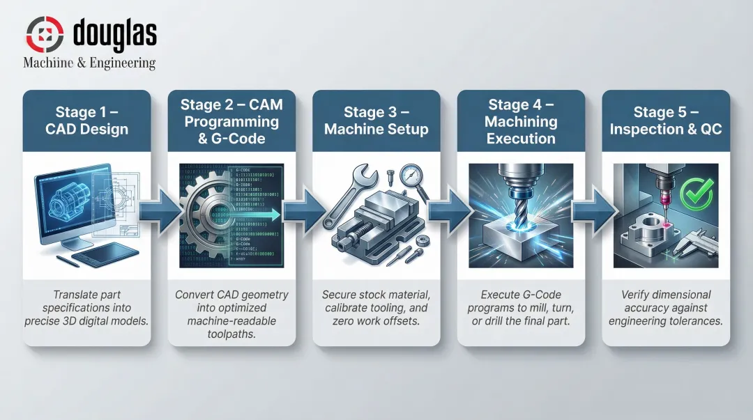 5-step CNC manufacturing workflow from CAD design to quality inspection