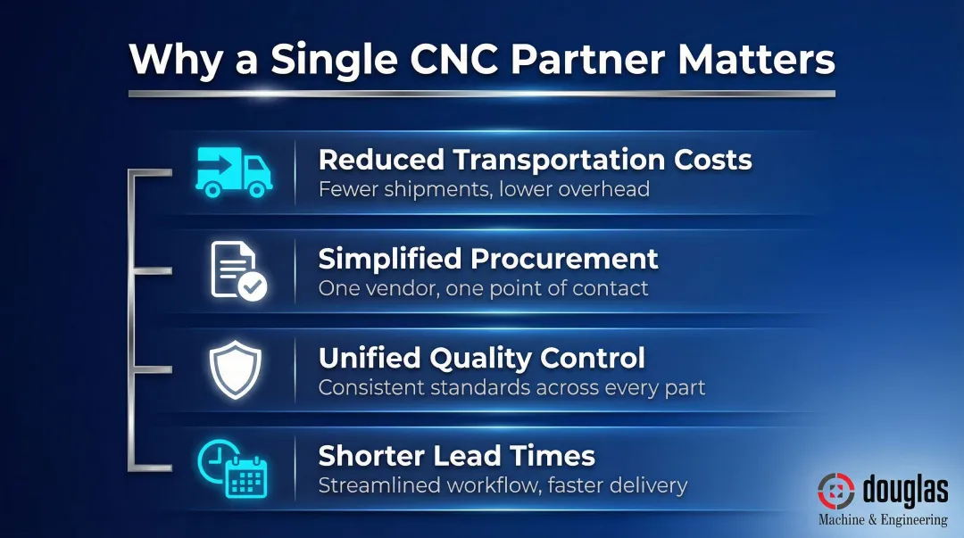 Four key benefits of single-source CNC manufacturing partner consolidation infographic