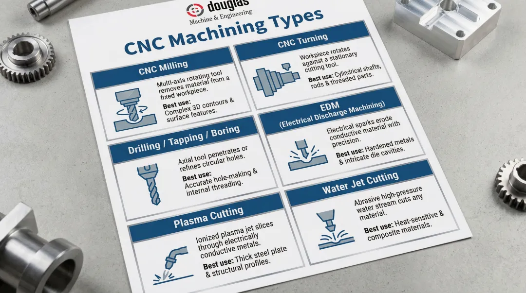 Six types of CNC machining processes compared by method material and application
