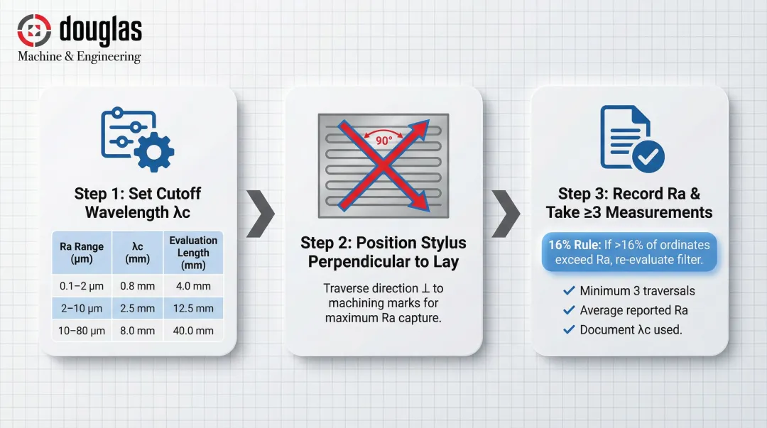 Contact stylus profilometer 3-step measurement process with cutoff wavelength table