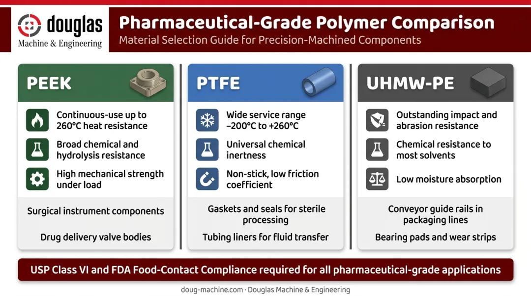 Pharmaceutical grade polymer materials comparison chart PEEK PTFE UHMW-PE properties and applications