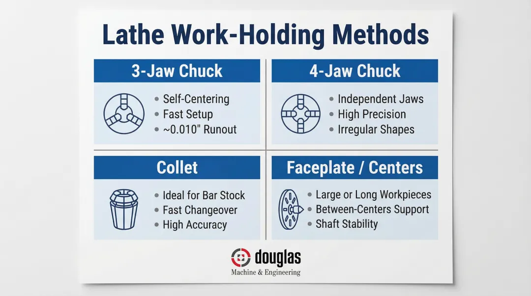Lathe work-holding options comparison chuck collet faceplate and centers