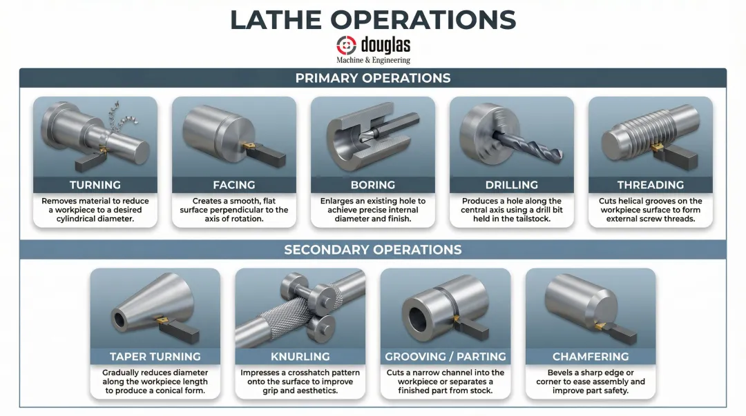 Eight common lathe machine operations primary and secondary operations overview