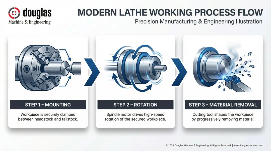 Three-step lathe machine operation process mounting rotation material removal